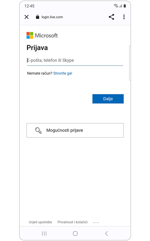 Zaslon Prijava na Microsoft račun