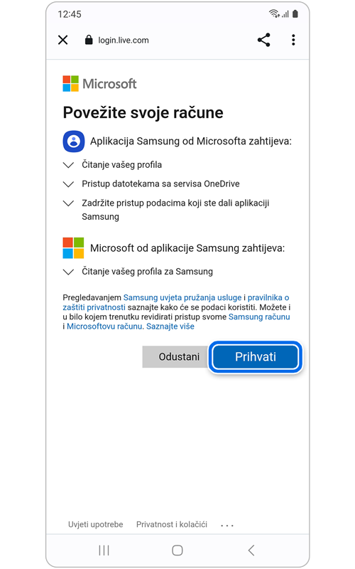 Zaslon za potvrdu povezivanja s Microsoft računom