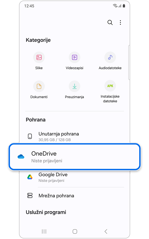 Početni zaslon aplikacije Moje Datoteke