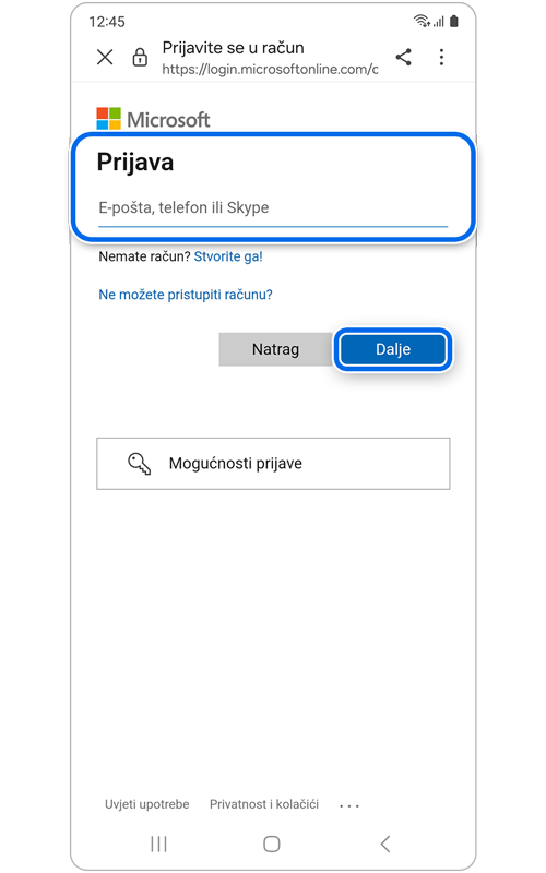 Zaslon za prijavu na Microsoft račun