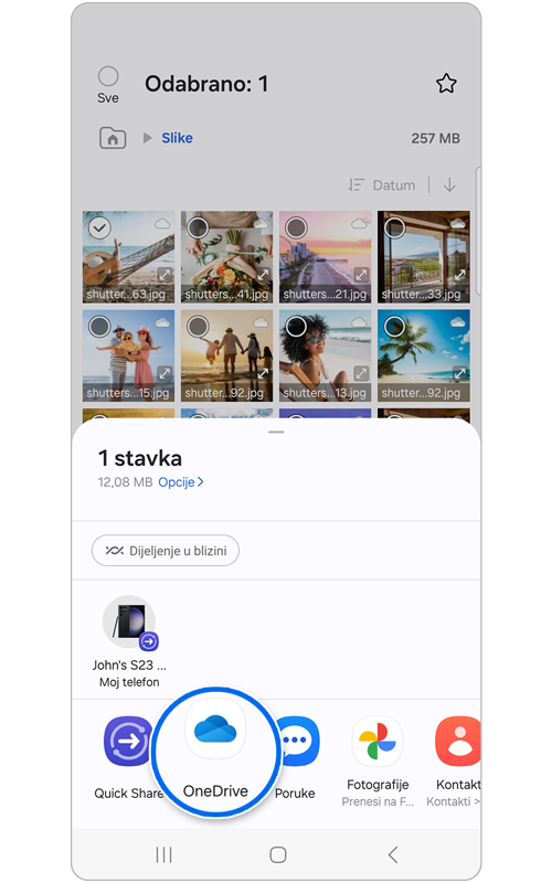 Iskačući prozor prikazuje opcije aplikacije za dijeljenje odabrane datoteke