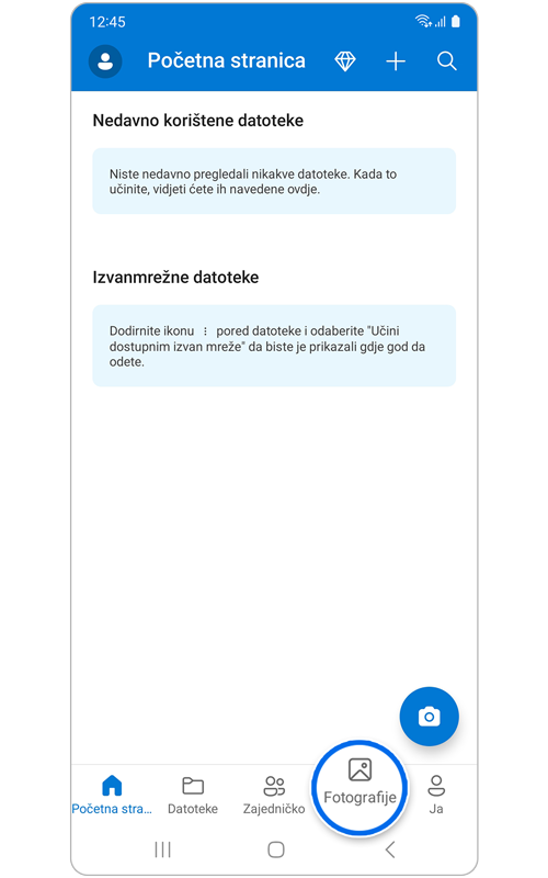 Početni zaslon aplikacije OneDrive