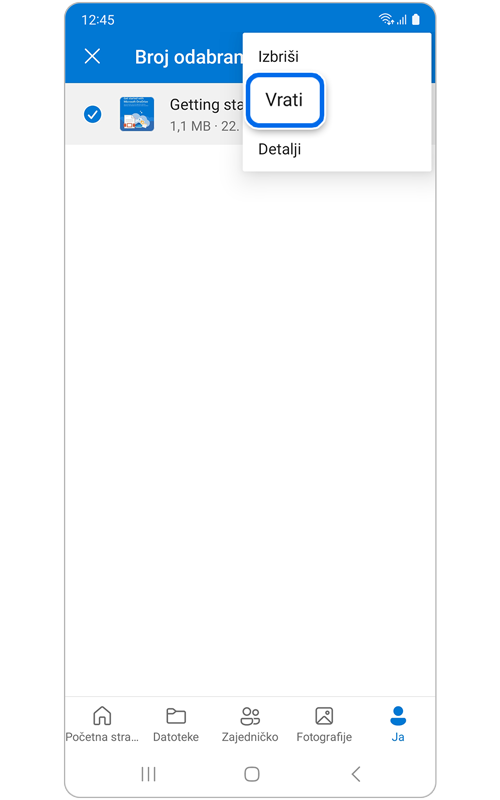Dodatne opcije One Drive aplikacije Koš za smeće
