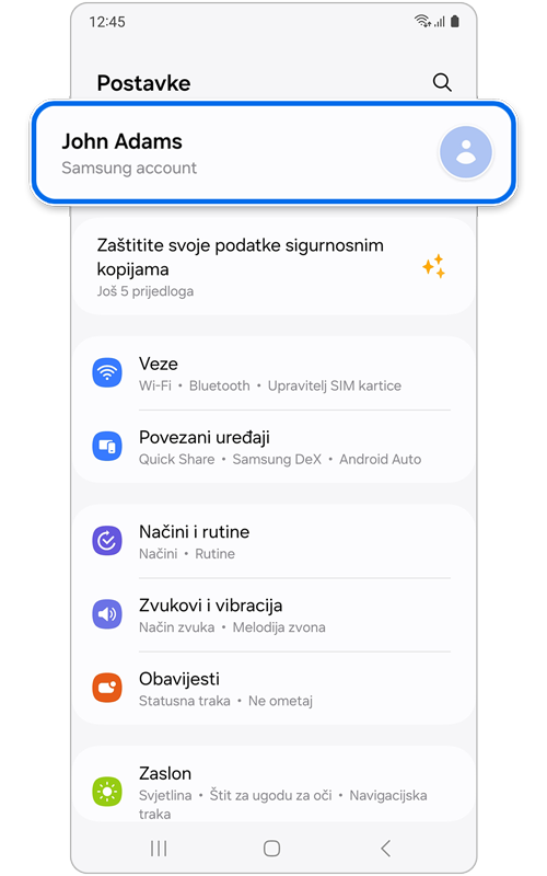 Početni zaslon postavki telefona