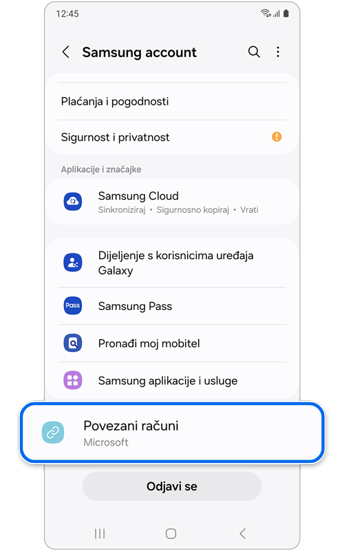 Početni zaslon Samsung računa