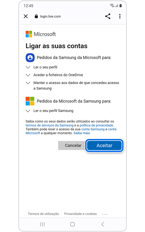 Ecrã de permissão da Microsoft para ligar as suas contas