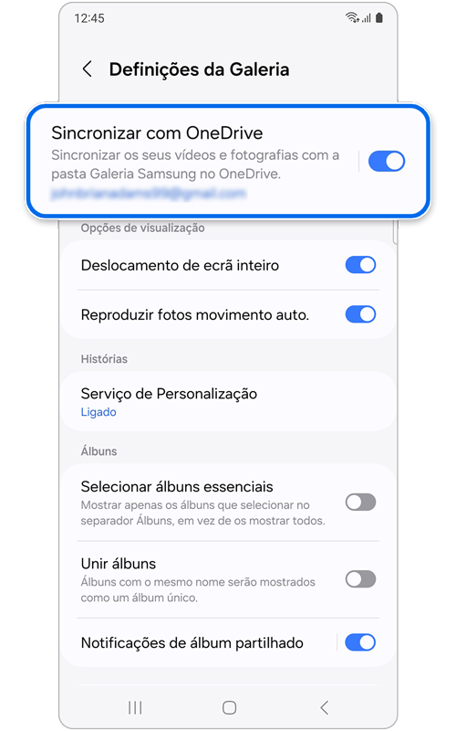 Ecrã Definições da Galeria