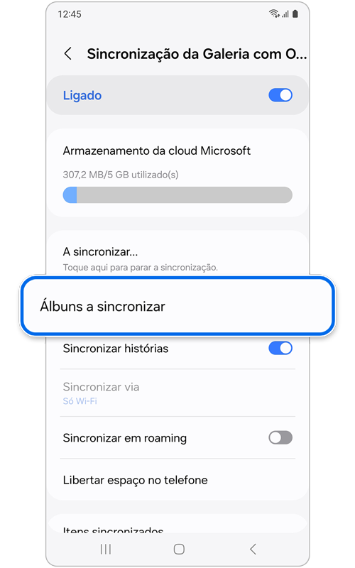 Ecrã Sincronização da Galeria com OneDrive