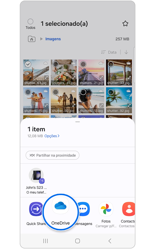 Janela pop-up com opções da aplicação para partilhar o ficheiro selecionado
