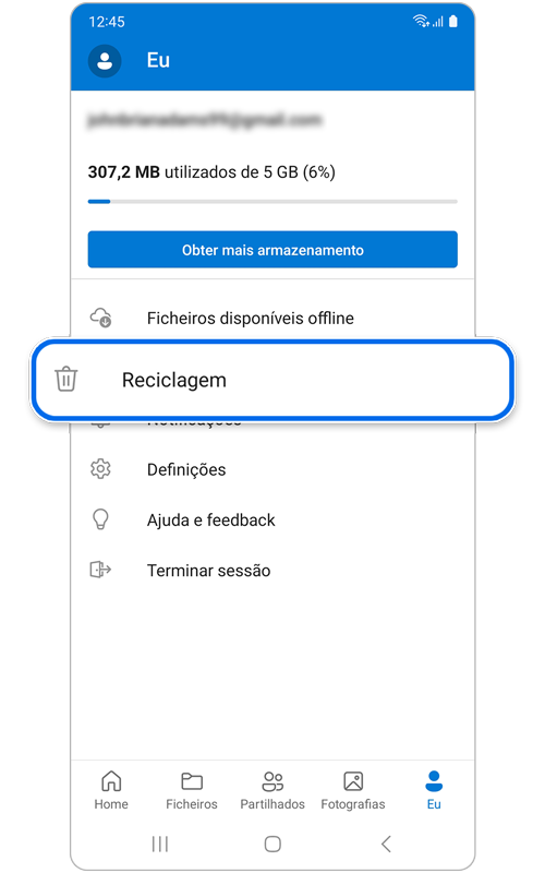 Ecrã "Eu" da aplicação OneDrive