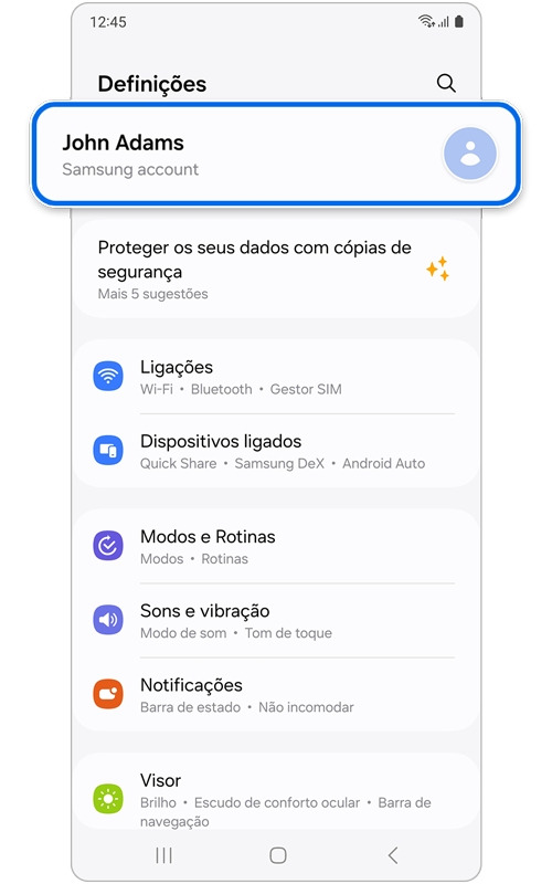 Ecrã inicial das Definições do telefone