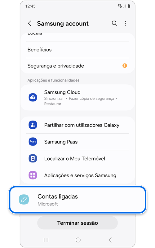 Ecrã inicial da Samsung account