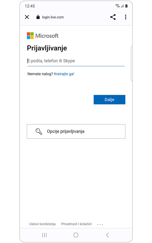 Ekran za prijavu na Microsoft nalog