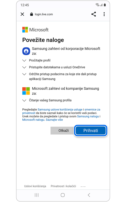 Ekran za dozvolu Microsoftu da poveže vaše naloge