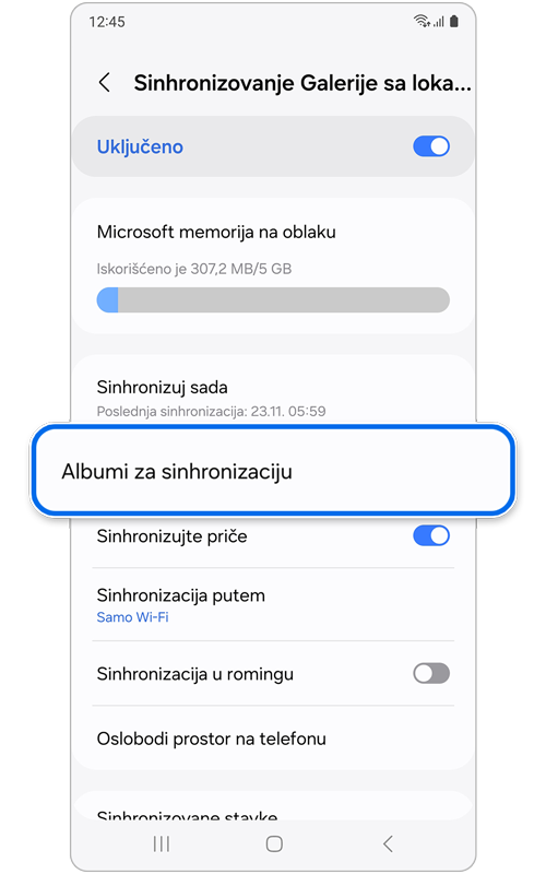 Ekran Sinhronizovanje Galerije sa lokacijom OneDrive