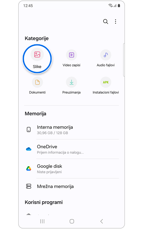 Početni ekran aplikacije Moji fajlovi