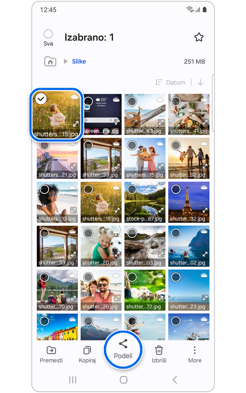 Ekran Galaxy telefona prikazuje datoteku i izabranu opciju deljenja