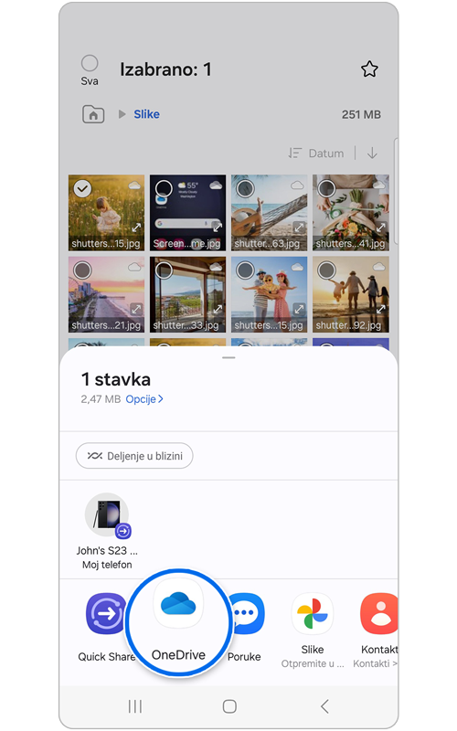 Iskačući prozor koji prikazuje opcije aplikacije za deljenje izabranog fajla