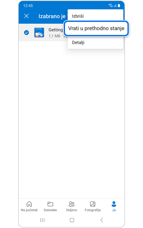 Više opciija pod Korpa za otpatke aplikacije OneDrive