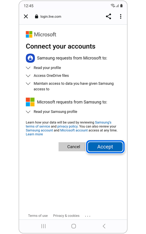Microsoft Connect your accounts permission screen