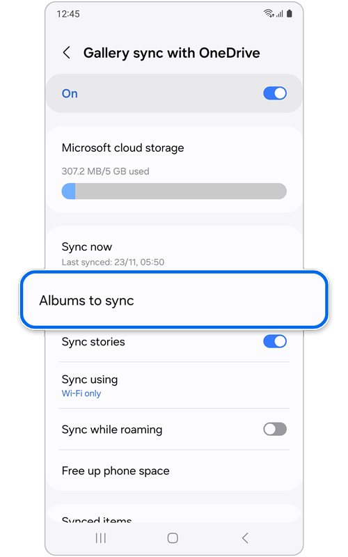 Gallery sync with OneDrive screen