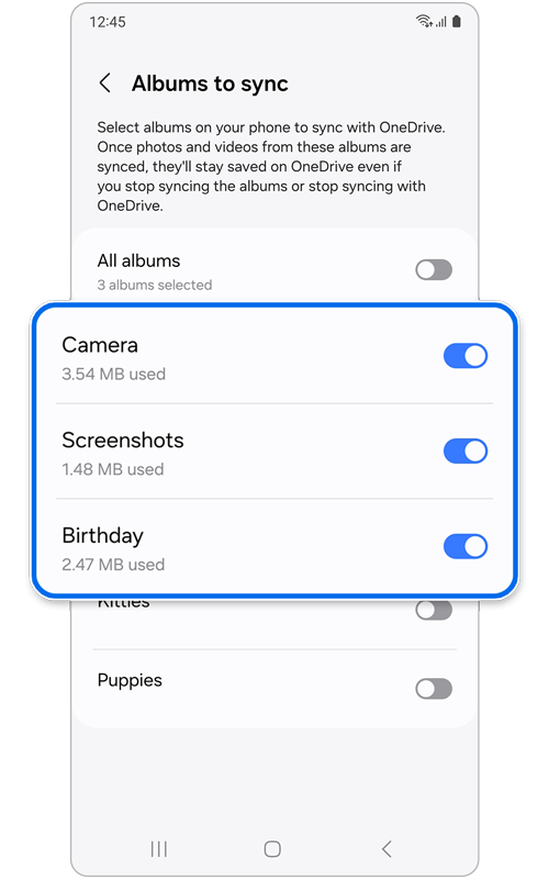 Albums to sync screen
