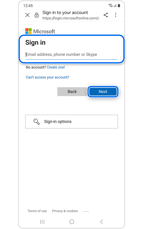 Microsoft account login screen
