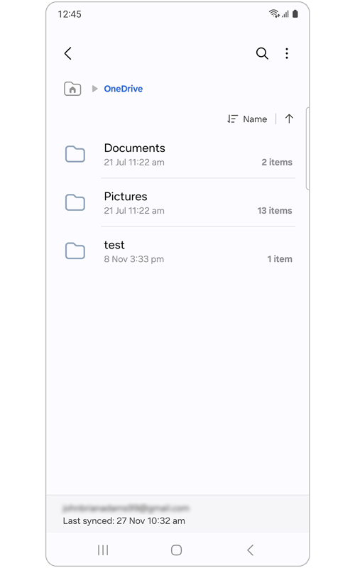 OneDrive files screen with synced files