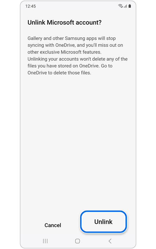 Screen to confirm you want to Unlink.