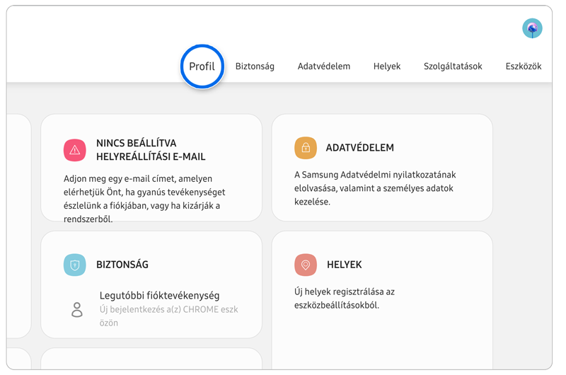 Samsung Saját fiók online vezérlőpult.