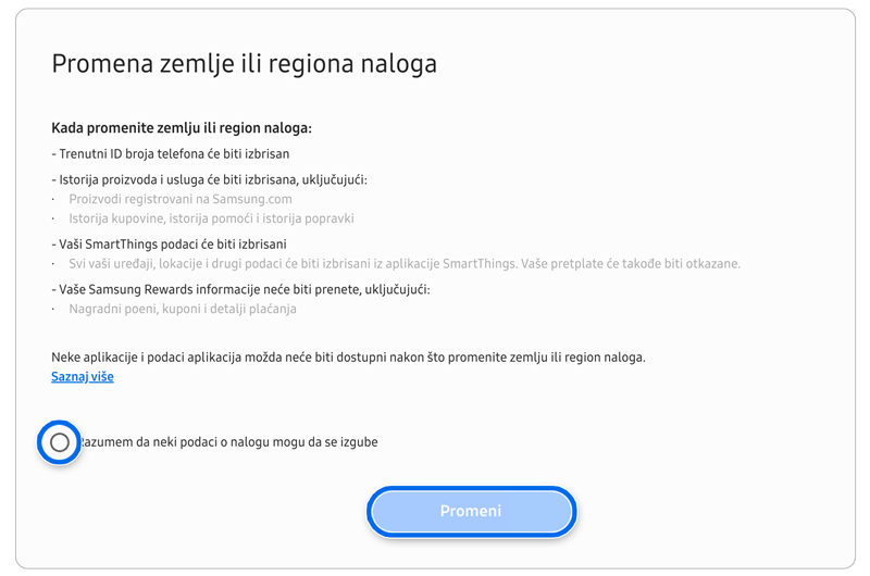 Promenite zemlju ili regiju naloga na stranici ugovora o nalogu.