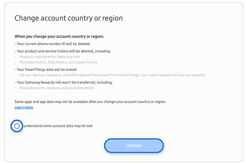 Change account country or region agreement page.