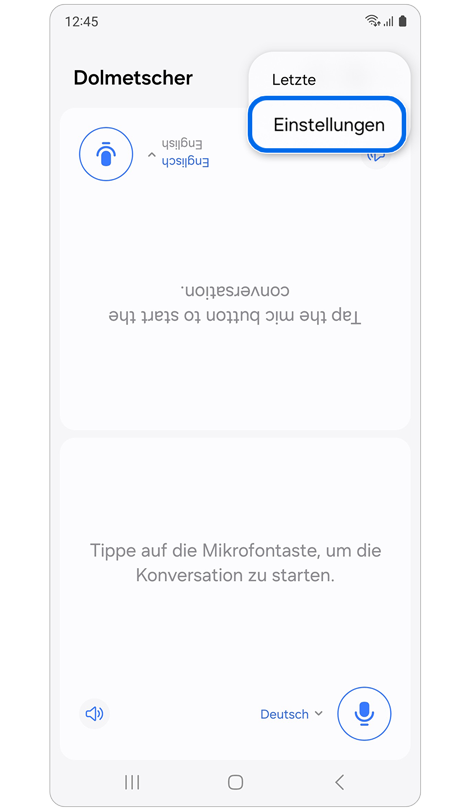 Optionen "Letzte" und "Einstellungen" in der Dolmetscher-App