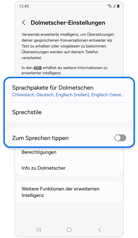 Einstellungsbildschirm der Dolmetscher-App
