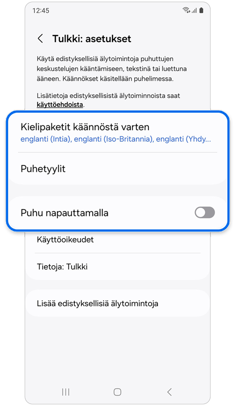 Tulkki-asetusten näyttö