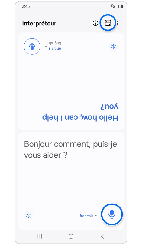La moitié supérieure de l'écran de l'application d'interprétation a été retournée pour faire face à l'autre interlocuteur