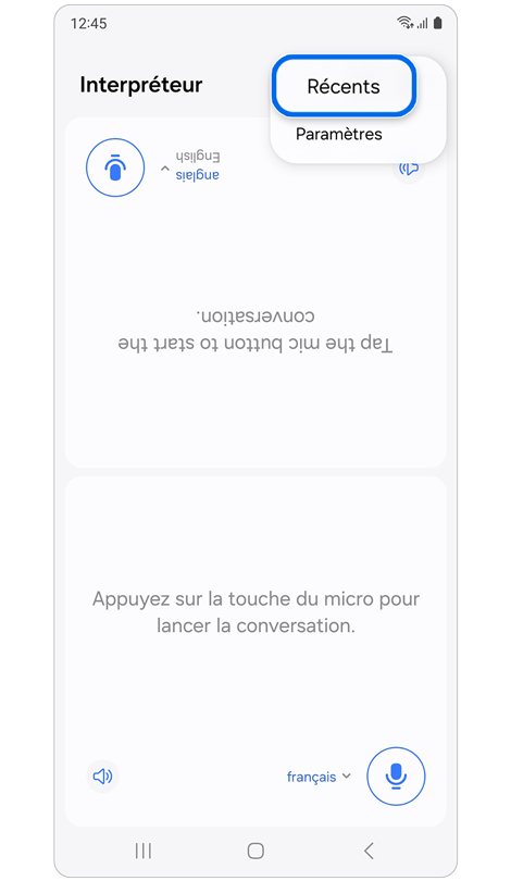 Menu des options supplémentaires dans l'application Interpréteur