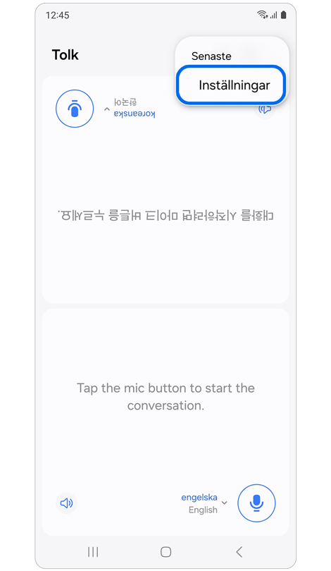 Alternativen Senaste och Inställningar i Tolk
