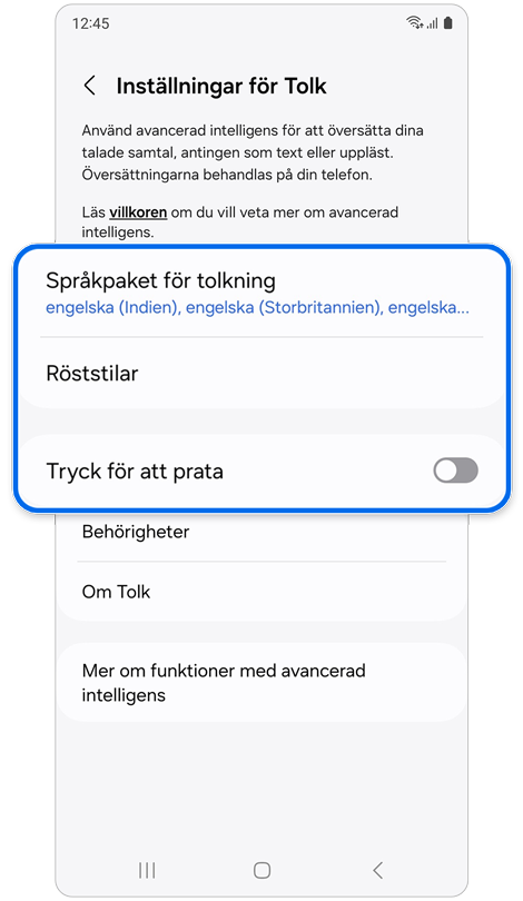 Inställningsskärm för Tolk