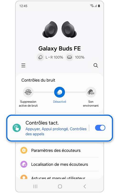 Écran des paramètres des Galaxy Buds.