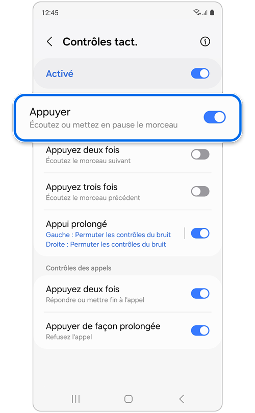 Écran des paramètres des Galaxy Buds.