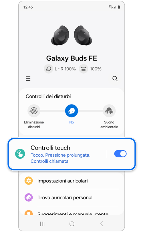 Schermata Impostazioni Galaxy Buds.