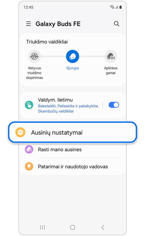 Galaxy Buds Nustatymų ekranas.