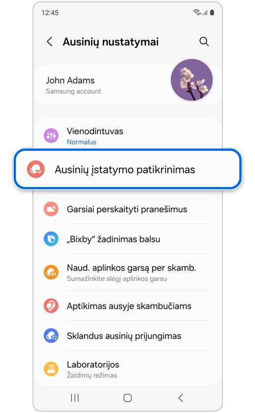 Galaxy Buds Nustatymų ekranas.