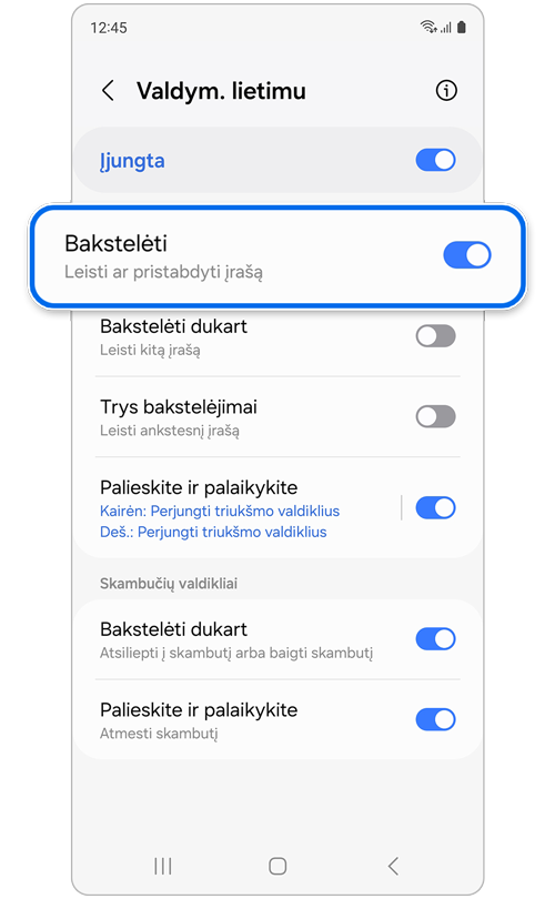 Galaxy Buds Nustatymų ekranas.