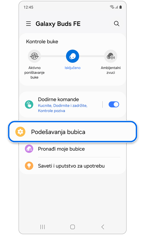 Ekran postavki Galaxy Buds-a.