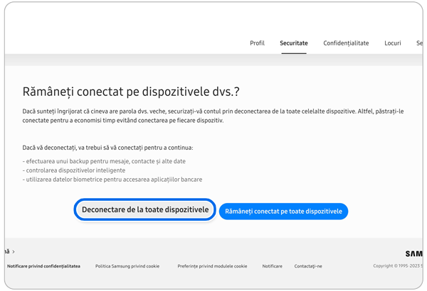 Pagina de confirmare „Deconectare de la toate dispozitivele”.