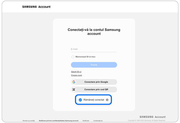 Pagina de conectare la contul Samsung.