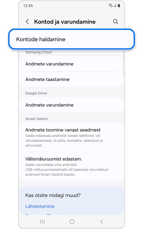 Ekraan Kontod ja varundamine