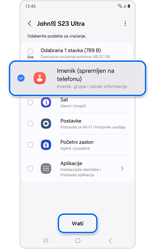 Zaslon prikazuje koje podatke je moguće obnoviti
